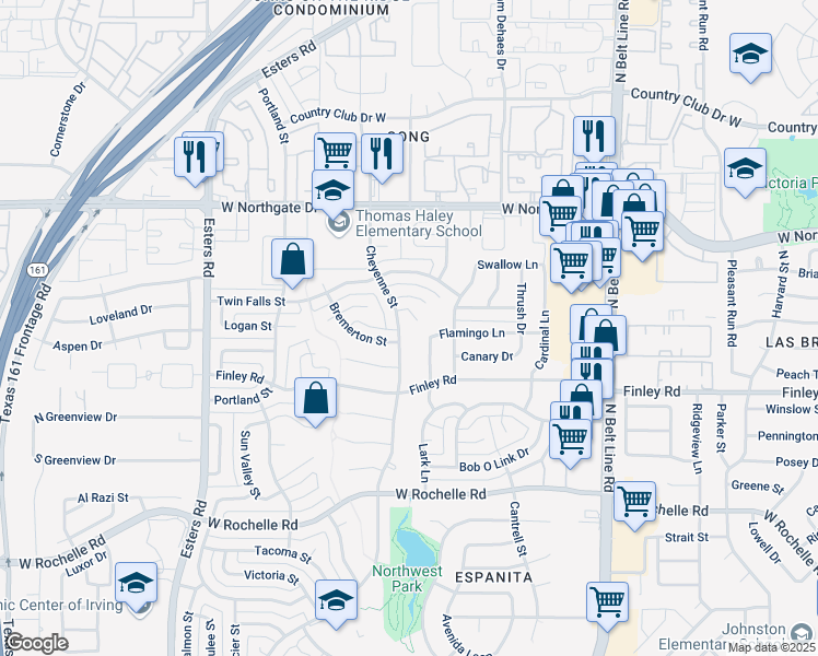 map of restaurants, bars, coffee shops, grocery stores, and more near 3410 Cheyenne Street in Irving
