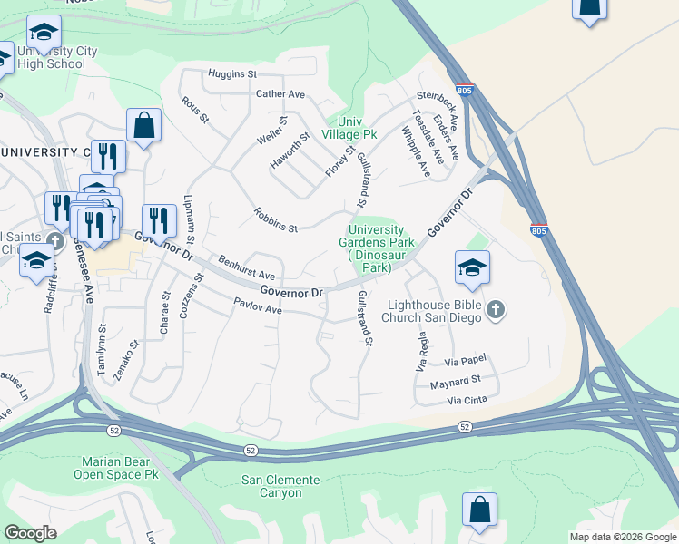 map of restaurants, bars, coffee shops, grocery stores, and more near 6449 Panel Court in San Diego