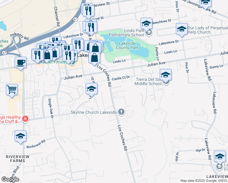 map of restaurants, bars, coffee shops, grocery stores, and more near 9604 Los Coches Road in Lakeside