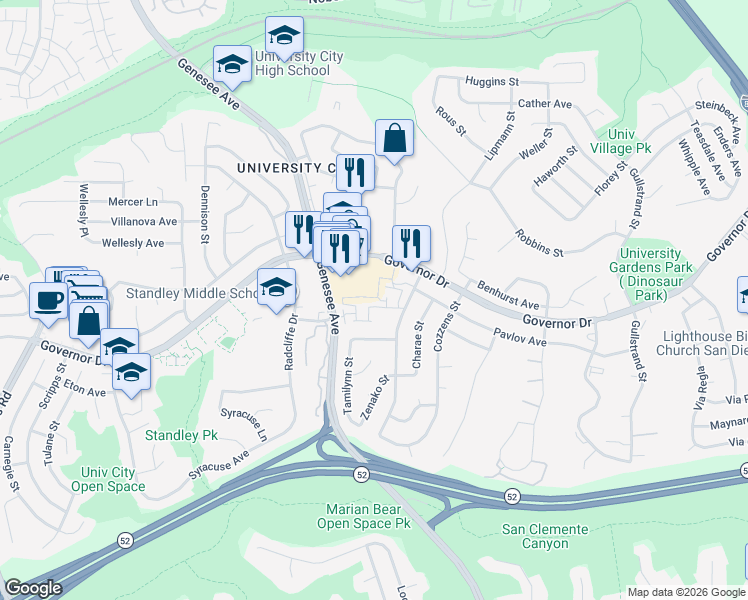 map of restaurants, bars, coffee shops, grocery stores, and more near 6204 Agee Street in San Diego