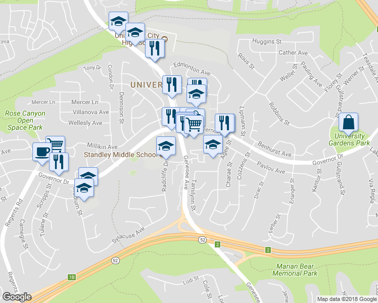 map of restaurants, bars, coffee shops, grocery stores, and more near 6210 Agee Street in San Diego