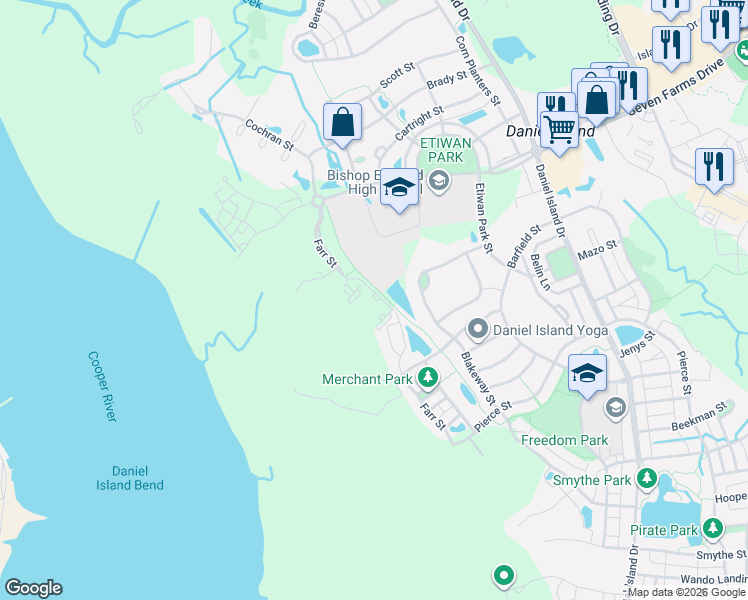 map of restaurants, bars, coffee shops, grocery stores, and more near 7770 Farr Street in Charleston