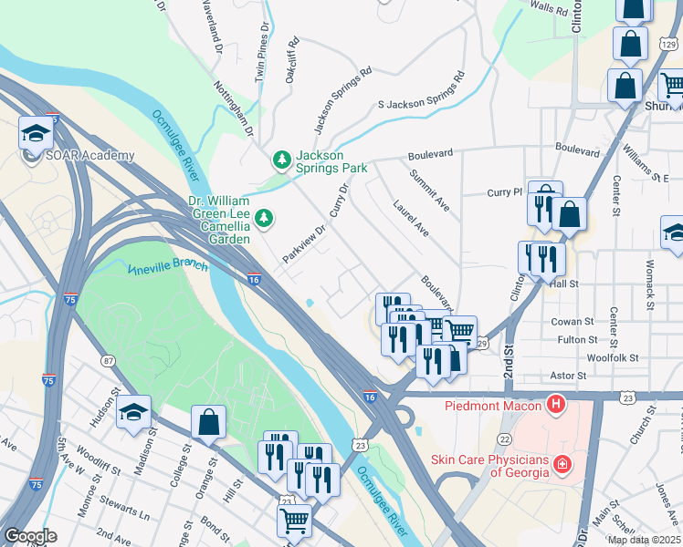 map of restaurants, bars, coffee shops, grocery stores, and more near 831 Parkview Court in Macon