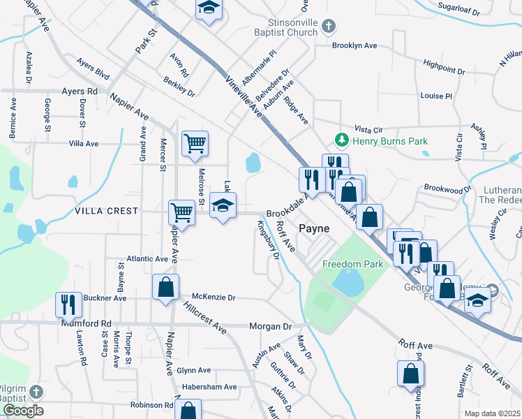 map of restaurants, bars, coffee shops, grocery stores, and more near 3516 Brookdale Avenue in Macon