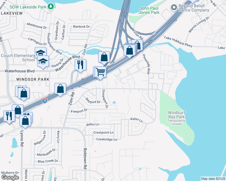 map of restaurants, bars, coffee shops, grocery stores, and more near 4926 Locust Grove Road in Garland