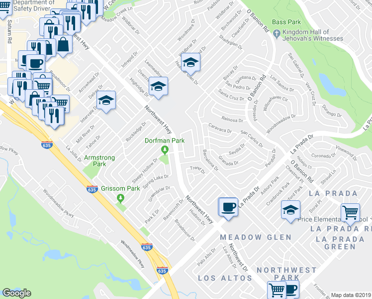 map of restaurants, bars, coffee shops, grocery stores, and more near 764 Meadowcreek Court in Garland
