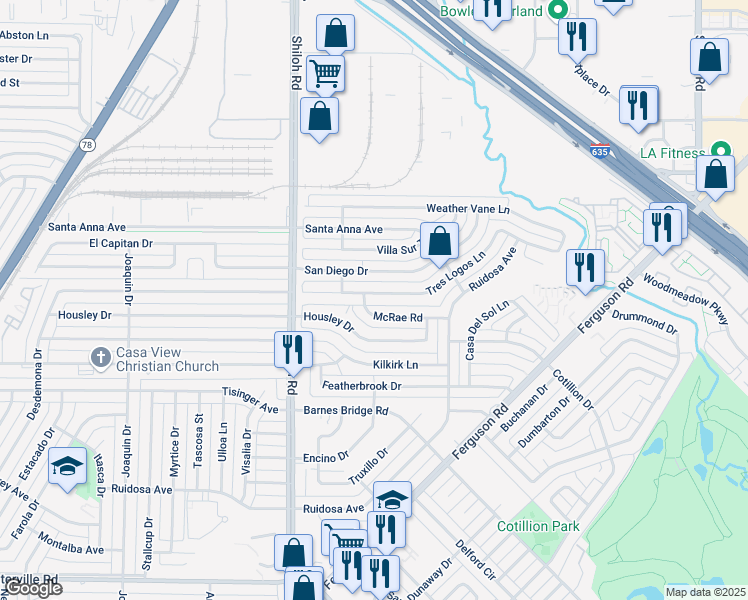 map of restaurants, bars, coffee shops, grocery stores, and more near 2954 Tres Logos Lane in Dallas