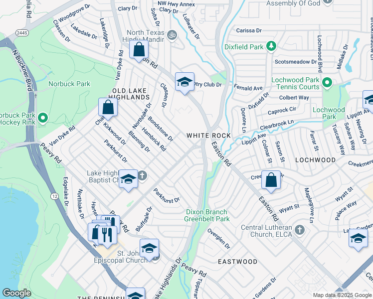 map of restaurants, bars, coffee shops, grocery stores, and more near 623 Bondstone Drive in Dallas