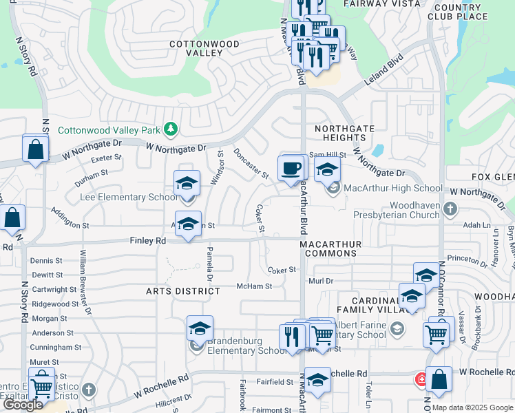 map of restaurants, bars, coffee shops, grocery stores, and more near 3501 North MacArthur Boulevard in Irving