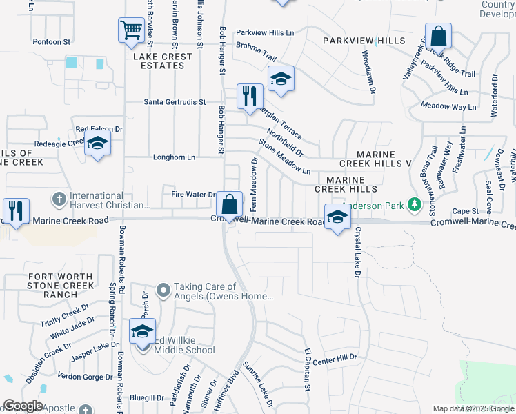 map of restaurants, bars, coffee shops, grocery stores, and more near 6316 Longmont Trail in Fort Worth