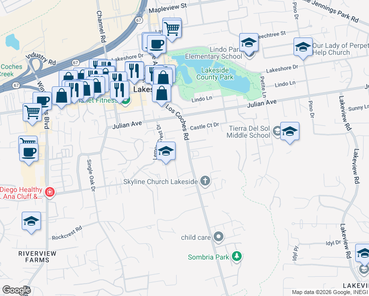map of restaurants, bars, coffee shops, grocery stores, and more near 9604 Los Coches Road in Lakeside