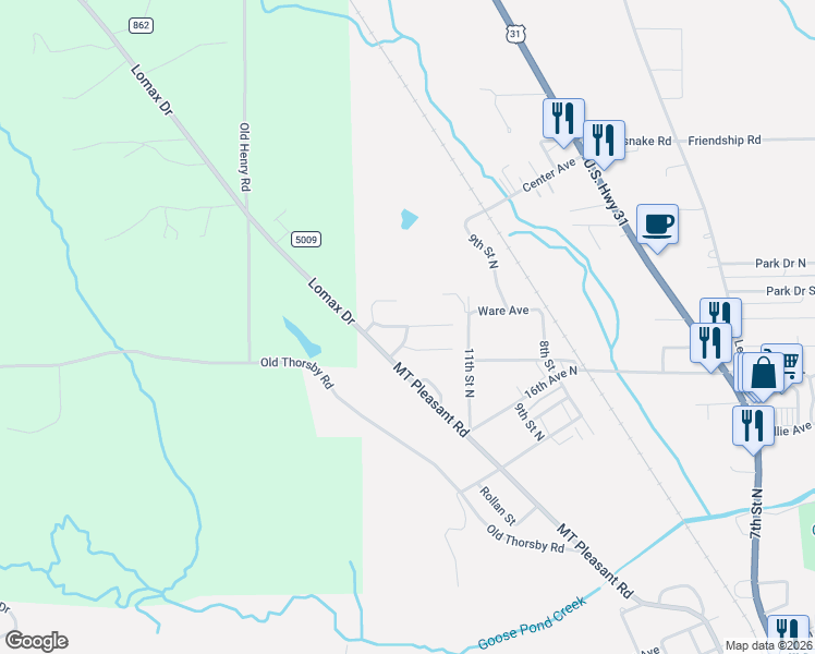 map of restaurants, bars, coffee shops, grocery stores, and more near 13 Maplewood Lane in Clanton