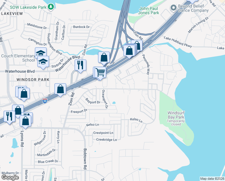 map of restaurants, bars, coffee shops, grocery stores, and more near 4926 Locust Grove Road in Garland
