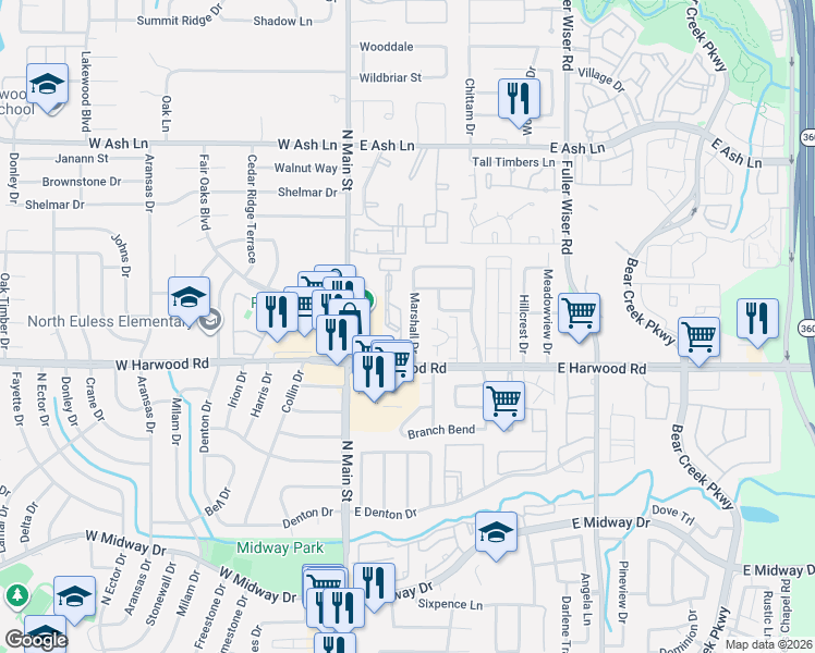 map of restaurants, bars, coffee shops, grocery stores, and more near 1115 Marshall Dr in Euless