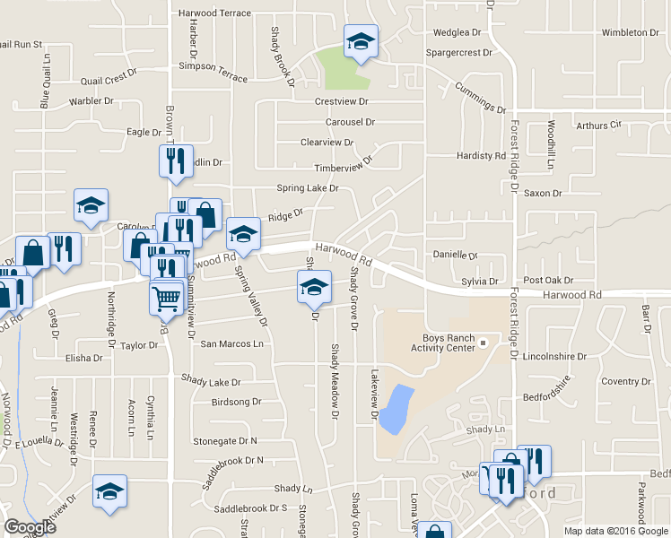 map of restaurants, bars, coffee shops, grocery stores, and more near 2805 Springhaven Ct in Bedford