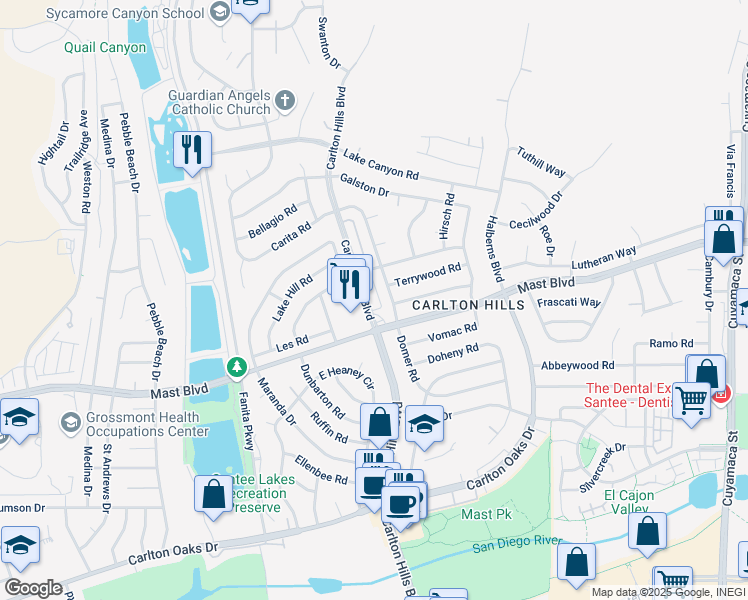 map of restaurants, bars, coffee shops, grocery stores, and more near 9629 Carlton Hills Boulevard in Santee