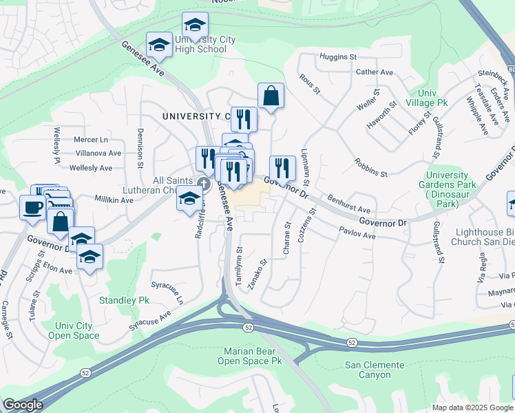 map of restaurants, bars, coffee shops, grocery stores, and more near 6216 Agee Street in San Diego