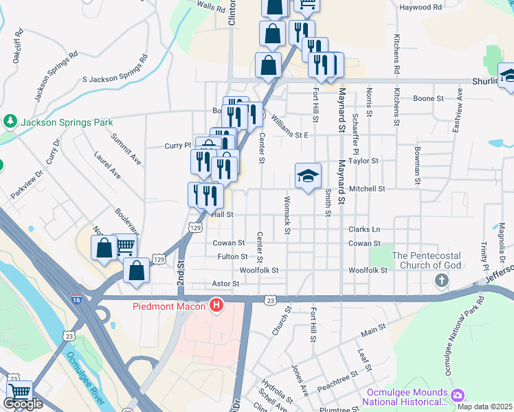 map of restaurants, bars, coffee shops, grocery stores, and more near 928 Center Street in Macon