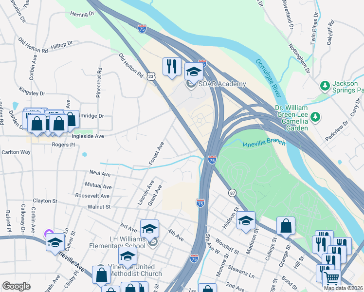 map of restaurants, bars, coffee shops, grocery stores, and more near 1929 Mallory Drive in Macon