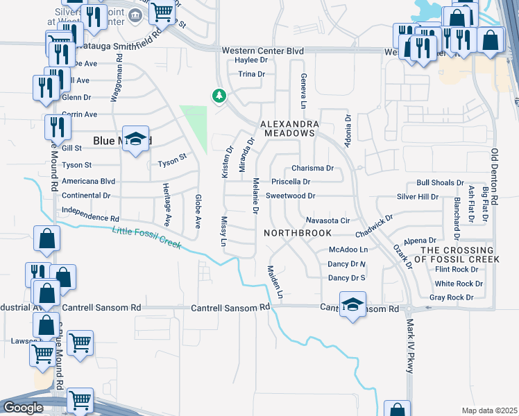 map of restaurants, bars, coffee shops, grocery stores, and more near 6036 Melanie Drive in Fort Worth