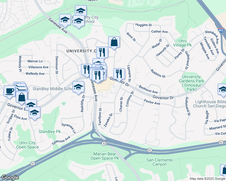 map of restaurants, bars, coffee shops, grocery stores, and more near 6214 Agee Street in San Diego