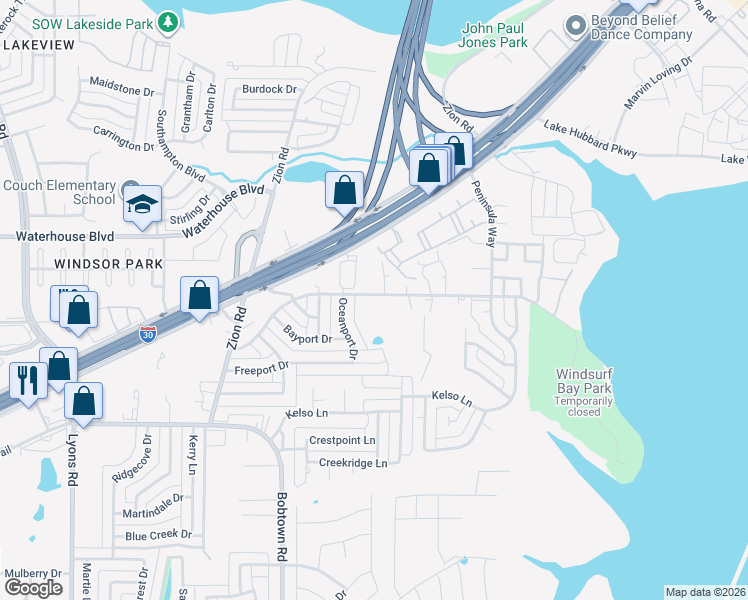 map of restaurants, bars, coffee shops, grocery stores, and more near 4926 Locust Grove Road in Garland