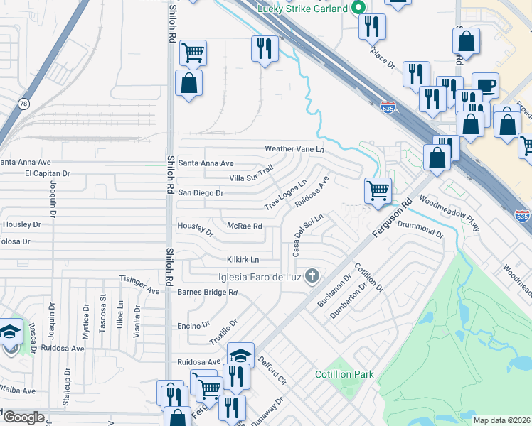 map of restaurants, bars, coffee shops, grocery stores, and more near 3058 Tres Logos Lane in Dallas