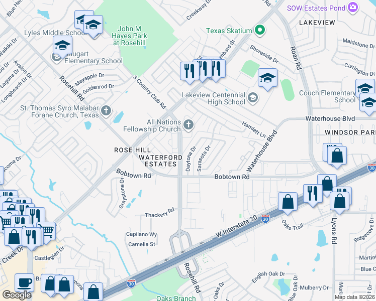 map of restaurants, bars, coffee shops, grocery stores, and more near 5229 Daytona Drive in Garland