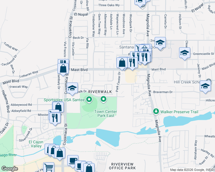 map of restaurants, bars, coffee shops, grocery stores, and more near 10187 Little Leaf Lane in Santee