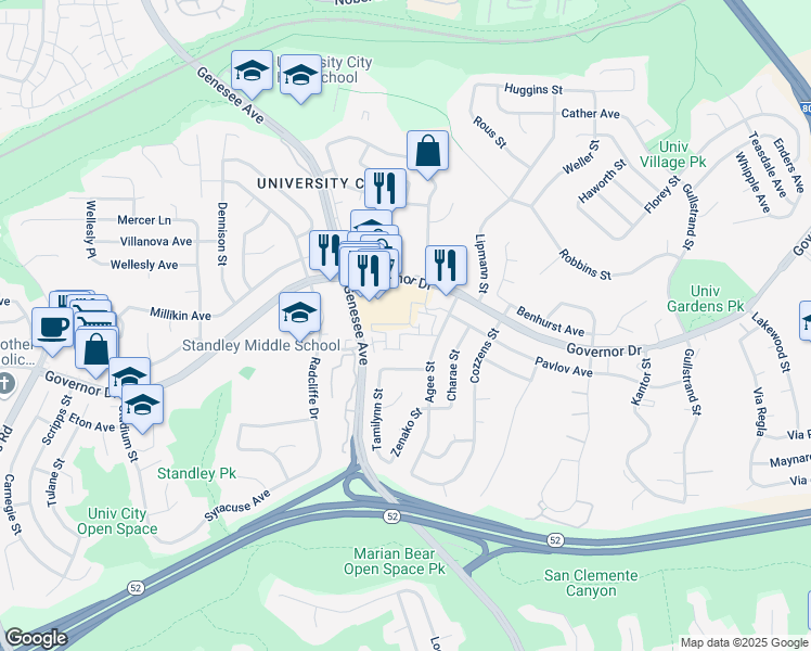 map of restaurants, bars, coffee shops, grocery stores, and more near 6204 Agee Street in San Diego