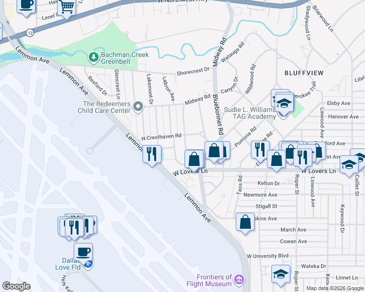 map of restaurants, bars, coffee shops, grocery stores, and more near 8311 Midway Rd in Dallas