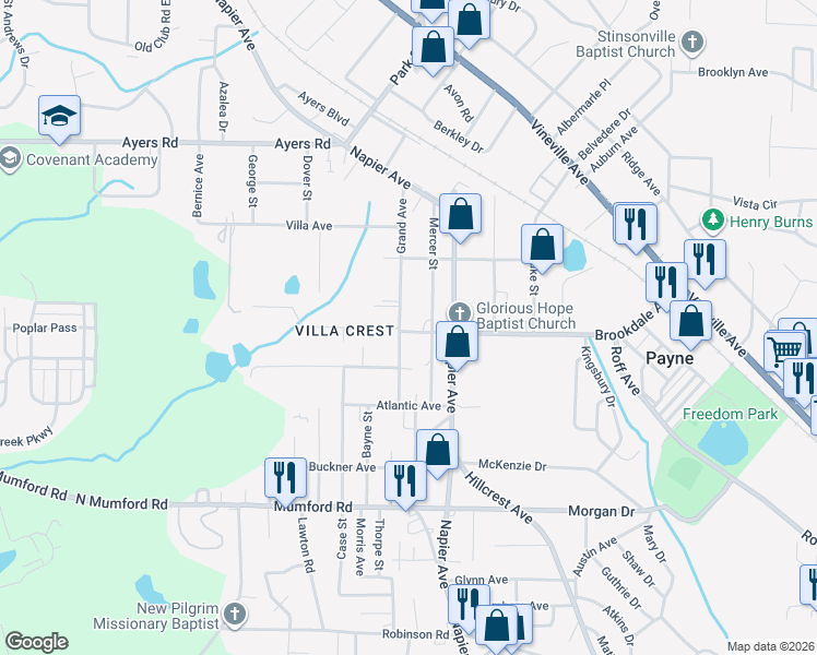 map of restaurants, bars, coffee shops, grocery stores, and more near 3893 Brookdale Avenue in Macon