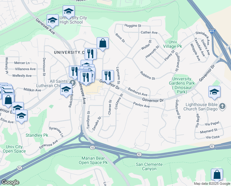 map of restaurants, bars, coffee shops, grocery stores, and more near 4250 Pavlov Avenue in San Diego