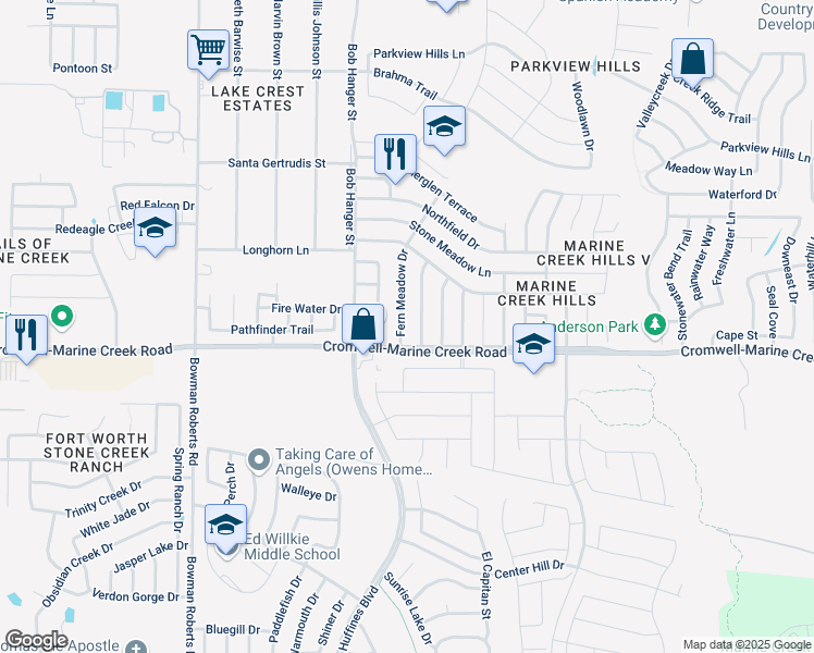 map of restaurants, bars, coffee shops, grocery stores, and more near 6316 Longmont Trail in Fort Worth