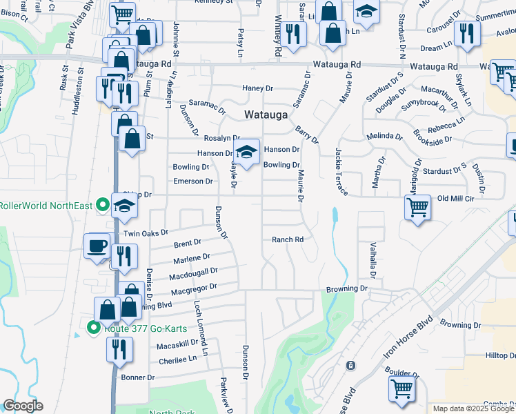 map of restaurants, bars, coffee shops, grocery stores, and more near 5821 Whitley Road in Haltom City