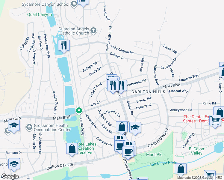 map of restaurants, bars, coffee shops, grocery stores, and more near 9630 Carlton Hills Boulevard in Santee