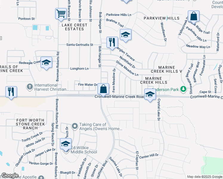map of restaurants, bars, coffee shops, grocery stores, and more near 6313 Fern Meadow Drive in Fort Worth
