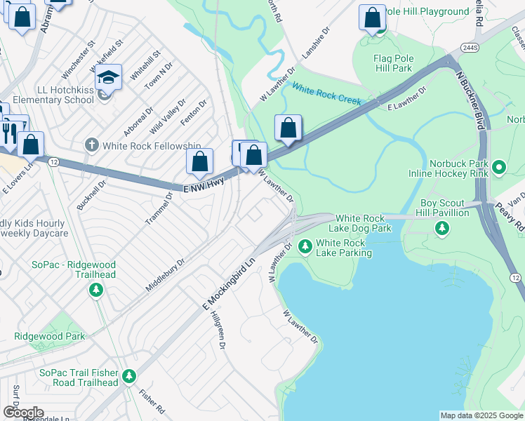map of restaurants, bars, coffee shops, grocery stores, and more near 4843 West Lawther Drive in Dallas