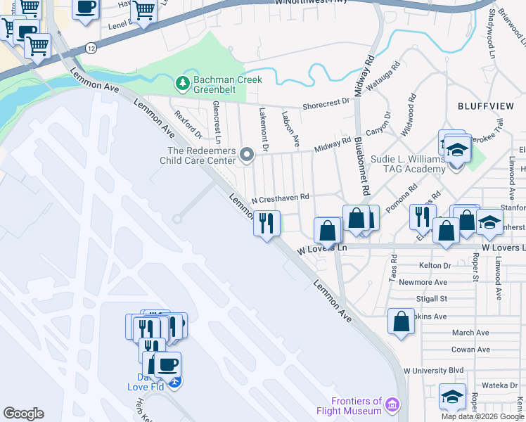 map of restaurants, bars, coffee shops, grocery stores, and more near 8180 Lemmon Avenue in Dallas