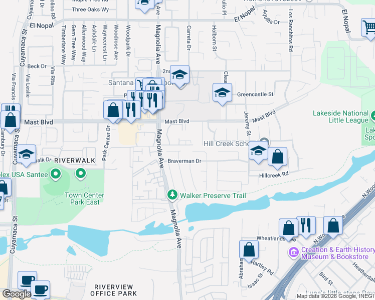 map of restaurants, bars, coffee shops, grocery stores, and more near 9697 Bundy Drive in Santee