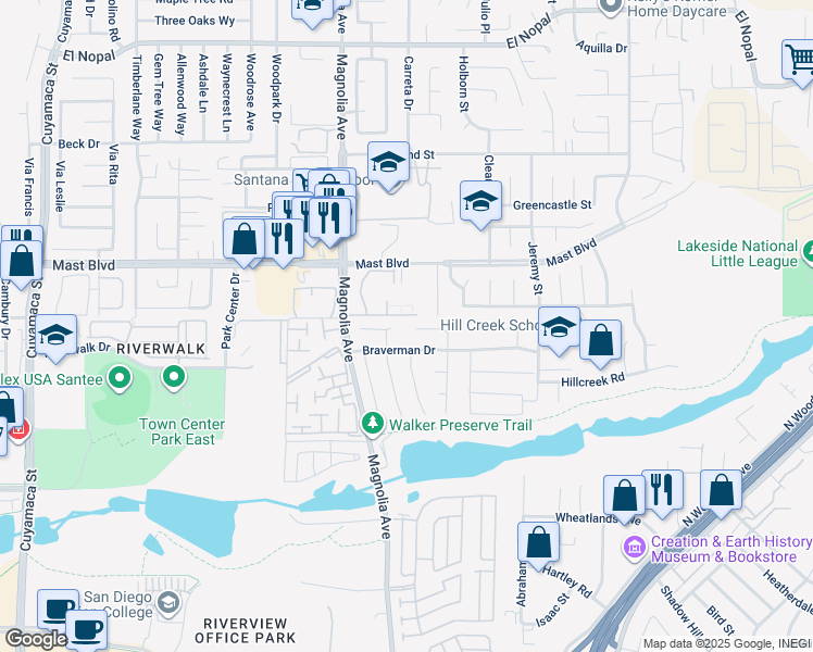 map of restaurants, bars, coffee shops, grocery stores, and more near 9697 Bundy Drive in Santee