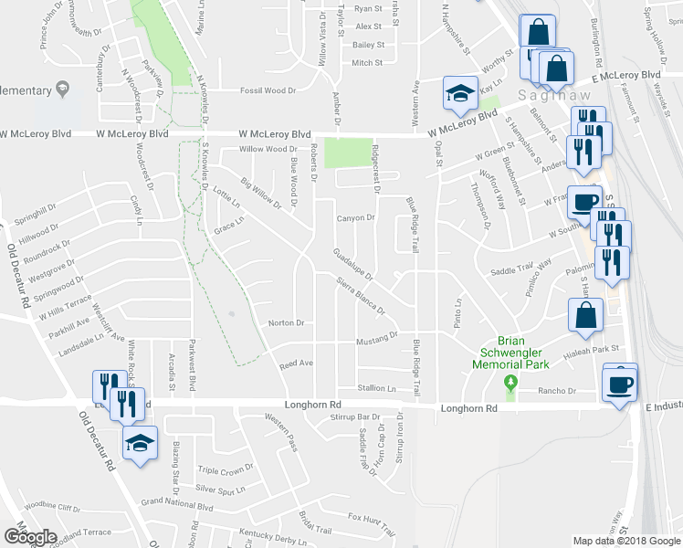 map of restaurants, bars, coffee shops, grocery stores, and more near 700 Sierra Blanca Drive in Saginaw