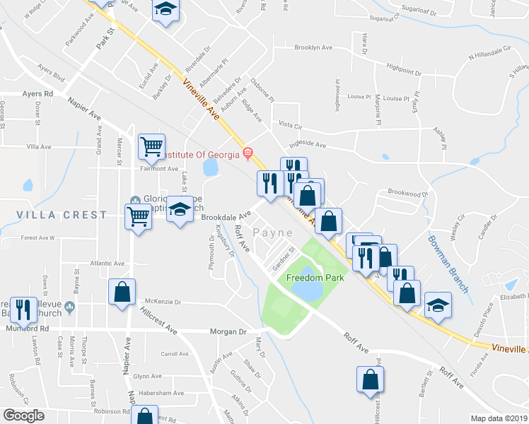 map of restaurants, bars, coffee shops, grocery stores, and more near 3378 Brookdale Avenue in Macon