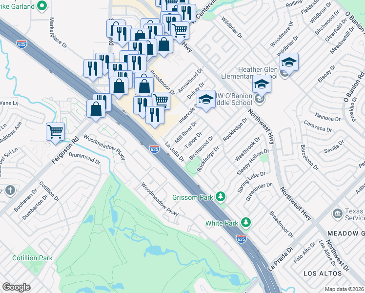 map of restaurants, bars, coffee shops, grocery stores, and more near 1121 Tahoe Drive in Garland