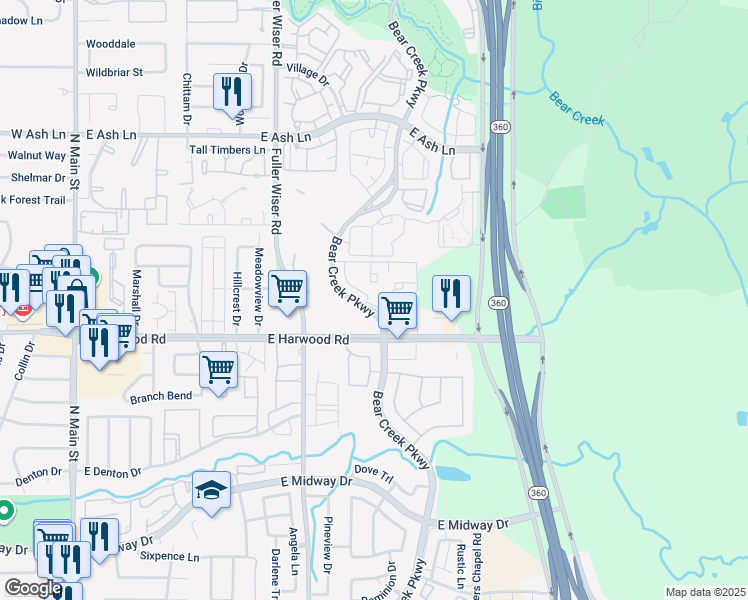 map of restaurants, bars, coffee shops, grocery stores, and more near 1130 Bear Creek Parkway in Euless