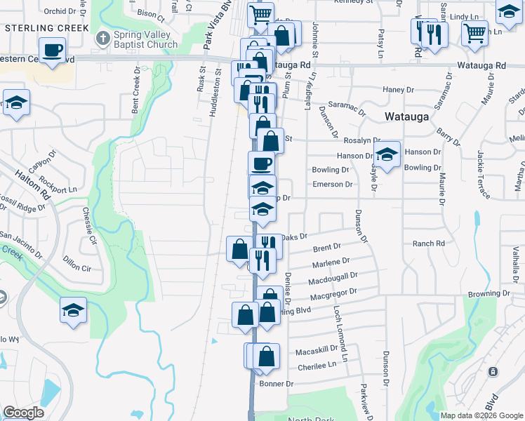 map of restaurants, bars, coffee shops, grocery stores, and more near 5808 Denton Highway in Haltom City