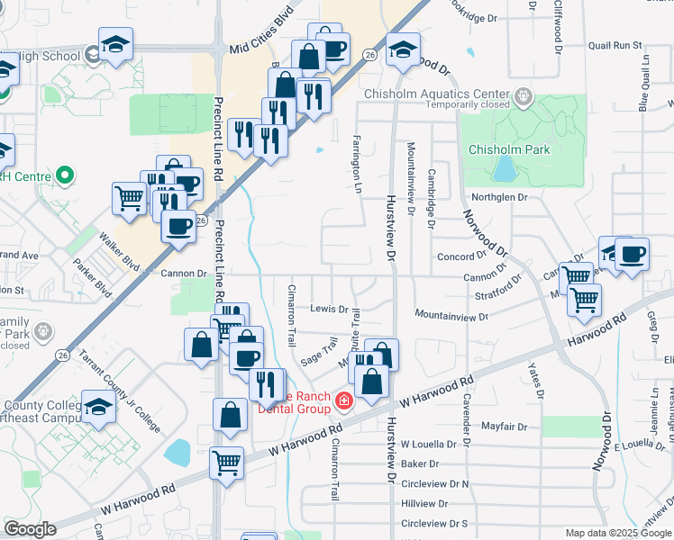 map of restaurants, bars, coffee shops, grocery stores, and more near 629 Highview Lane in Hurst