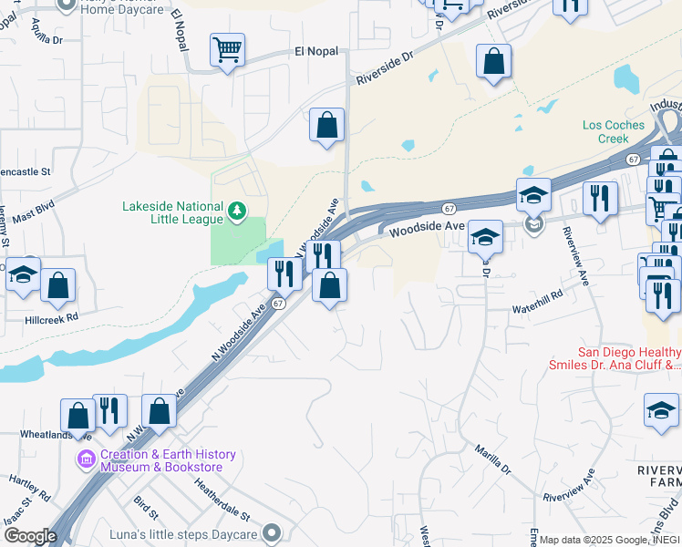 map of restaurants, bars, coffee shops, grocery stores, and more near 11573 Woodside Terrace in Santee