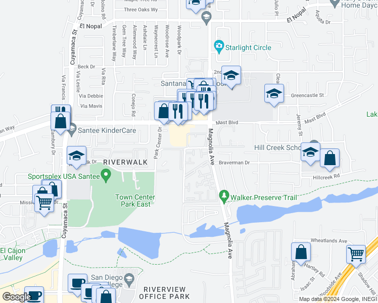 map of restaurants, bars, coffee shops, grocery stores, and more near 10308 Rosie Lane in Santee