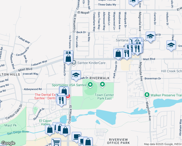 map of restaurants, bars, coffee shops, grocery stores, and more near 9965 Watergum Trail in Santee